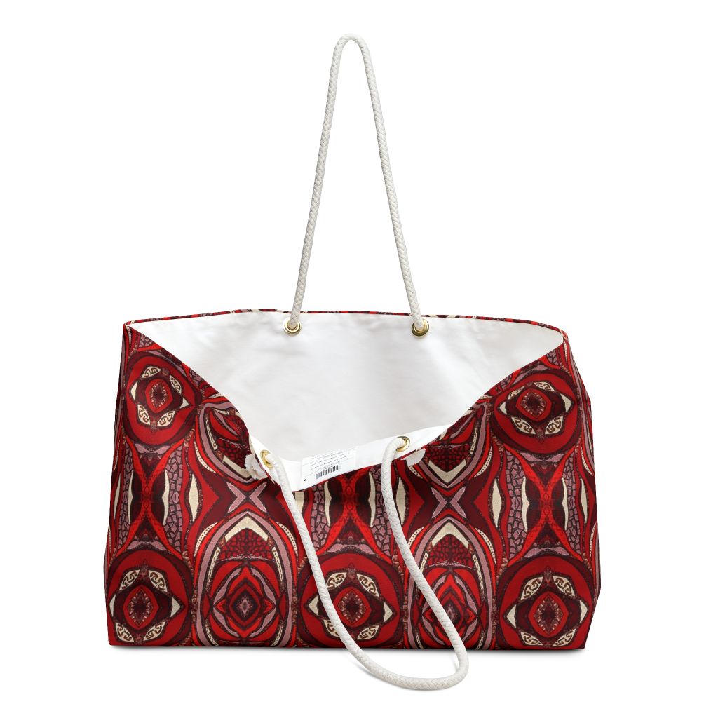 red tote bag open to show lining