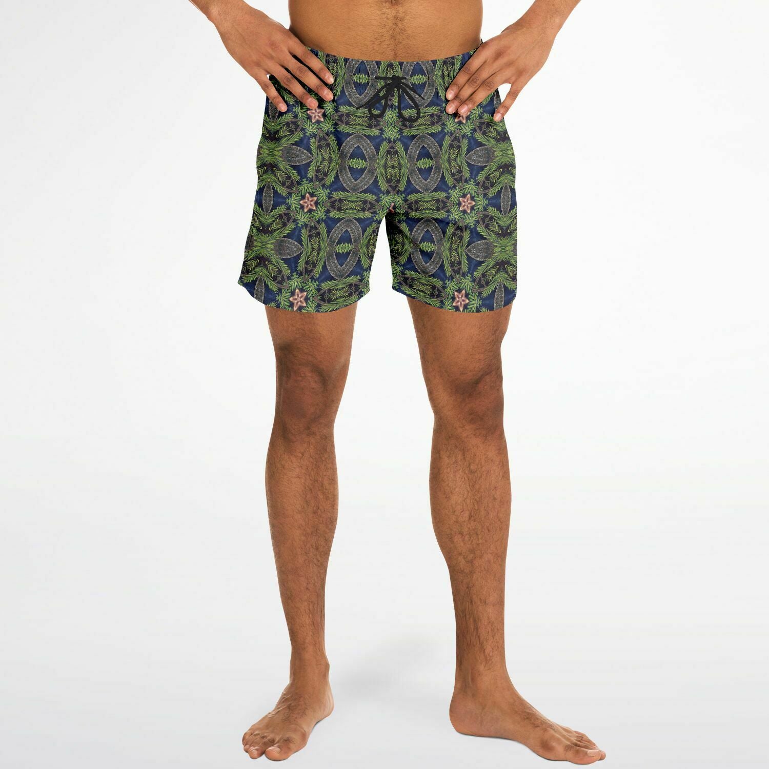 stylish mens swim suit in black with a foresty print