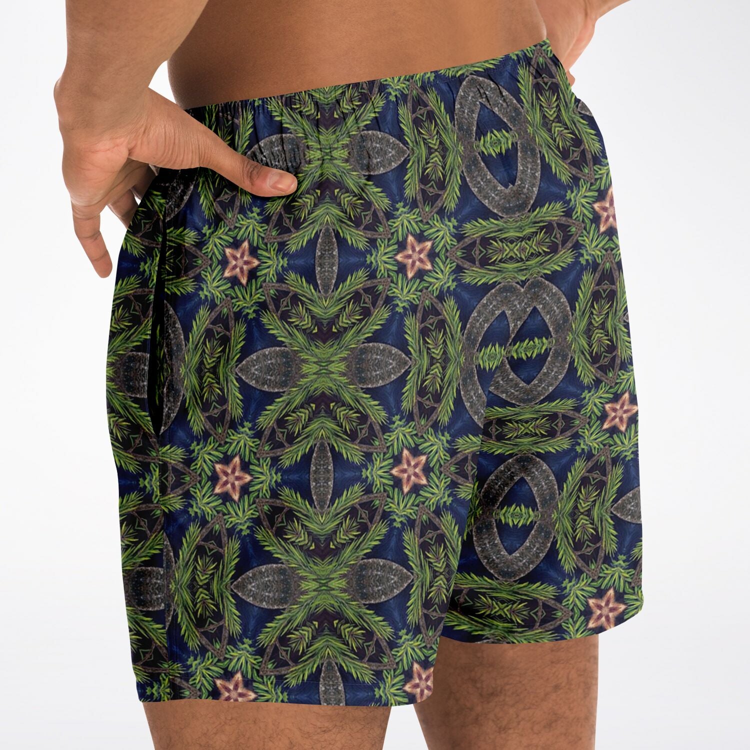 swim shorts in black for men printed with the forester design