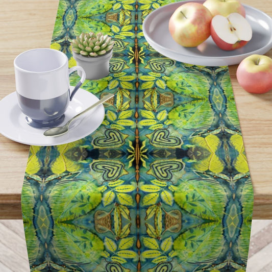 Table runner in blue and green motif called beauty abounds