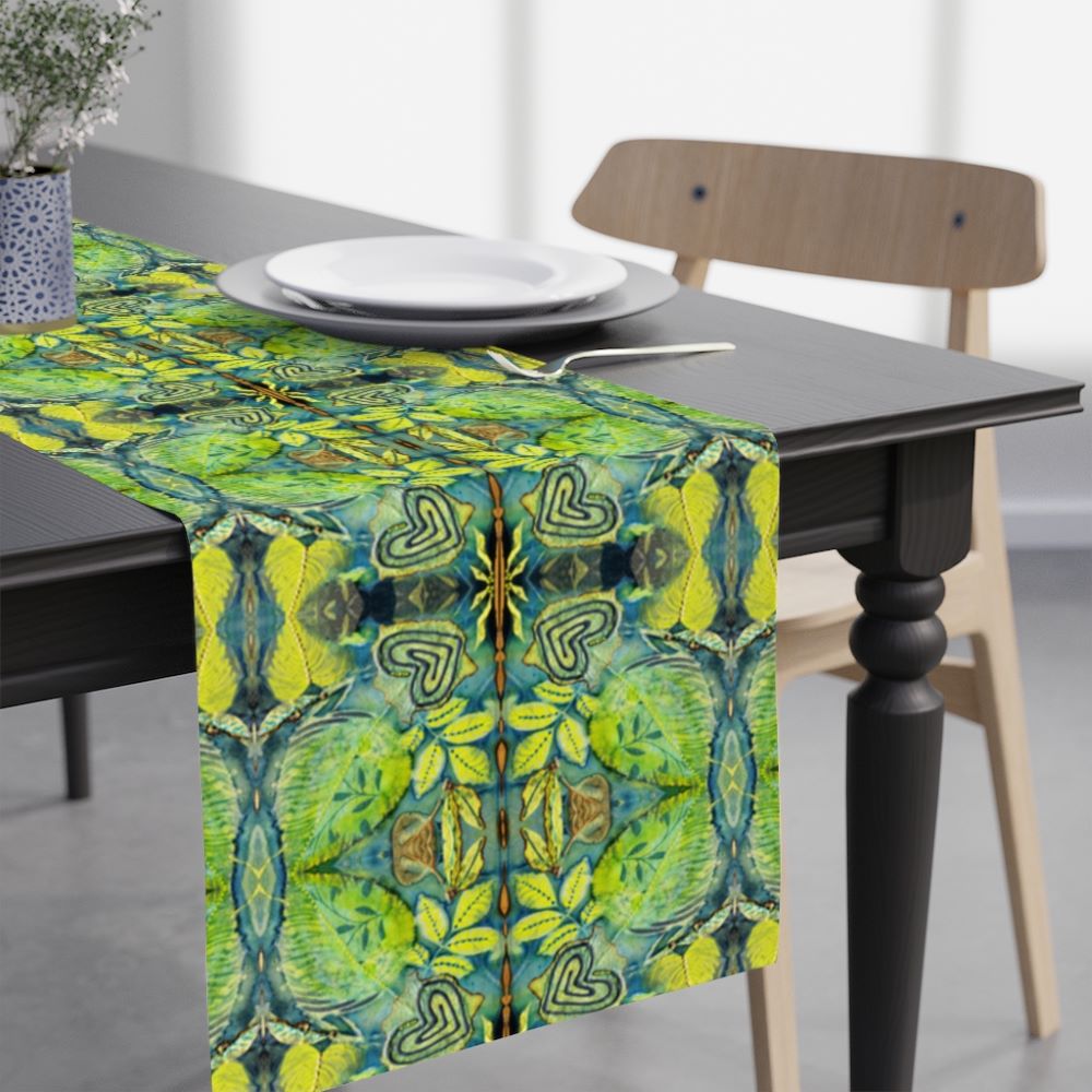 table runner shown in a home decor setting on a dark colored table