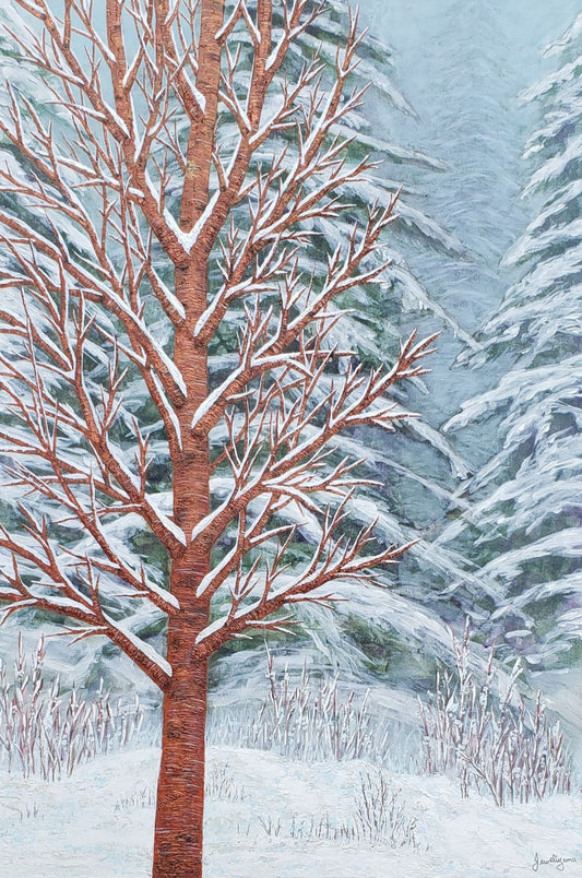 winter tree painting of copper barked maple tree and evergreens with snow