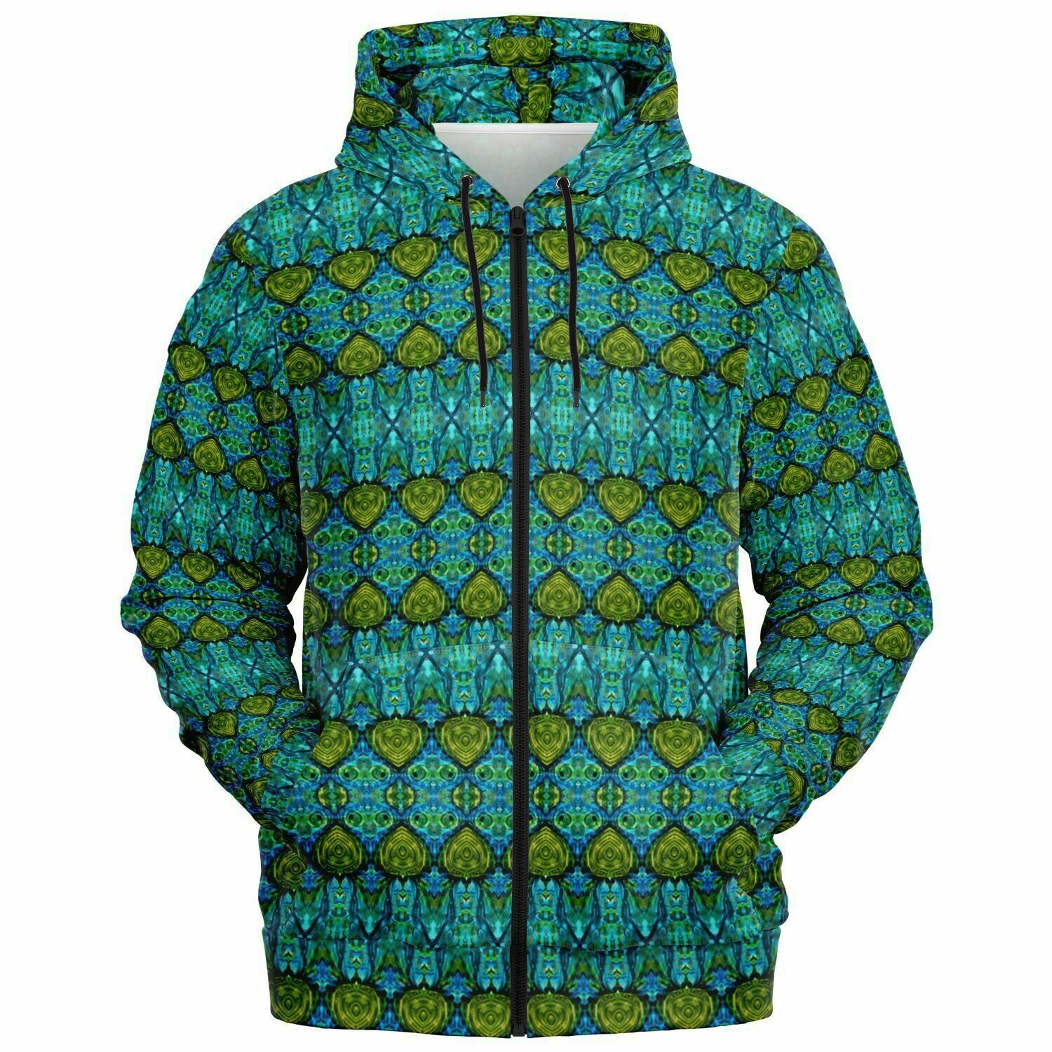 womens hoodie in blue and green designer print