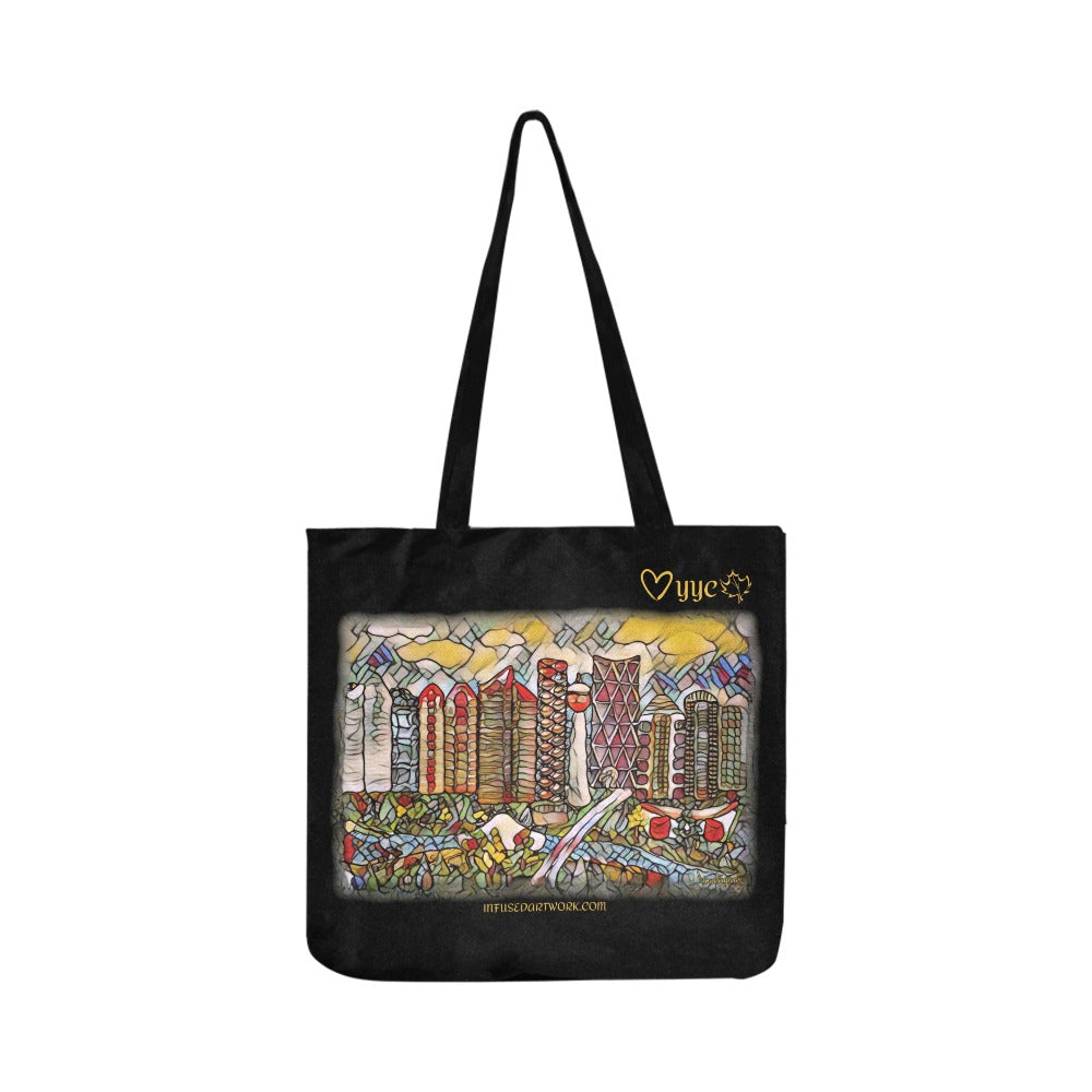 YYC LOVE  - a black tote bag with a calgary city scene art print