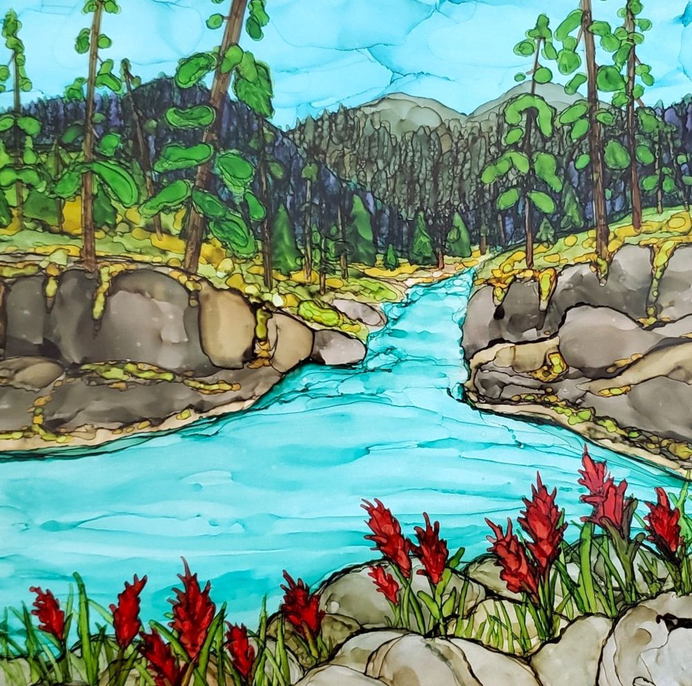 painting in alcohol ink of river with widlflowers