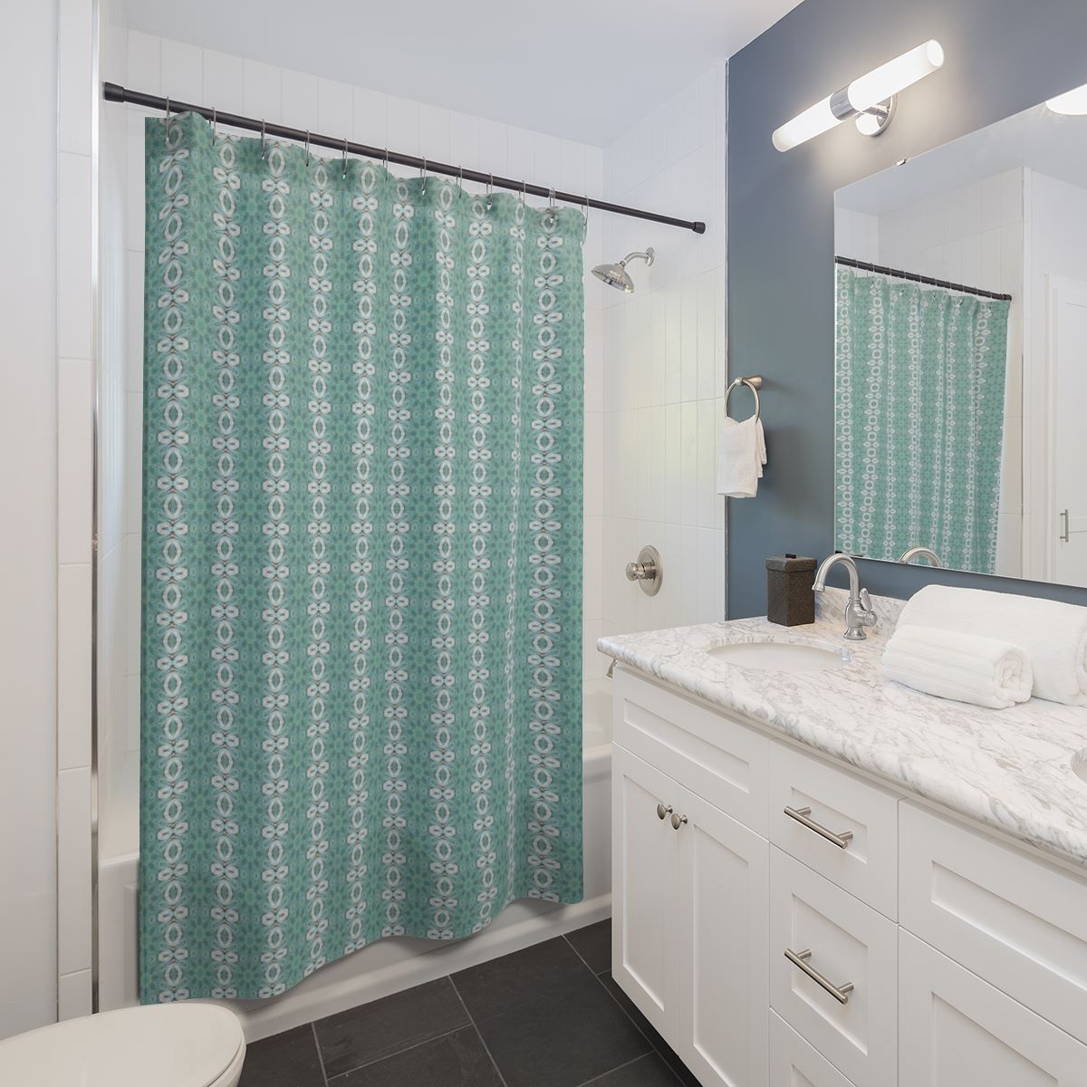 aqua blue shower curtain shown in tradition bathroom decor