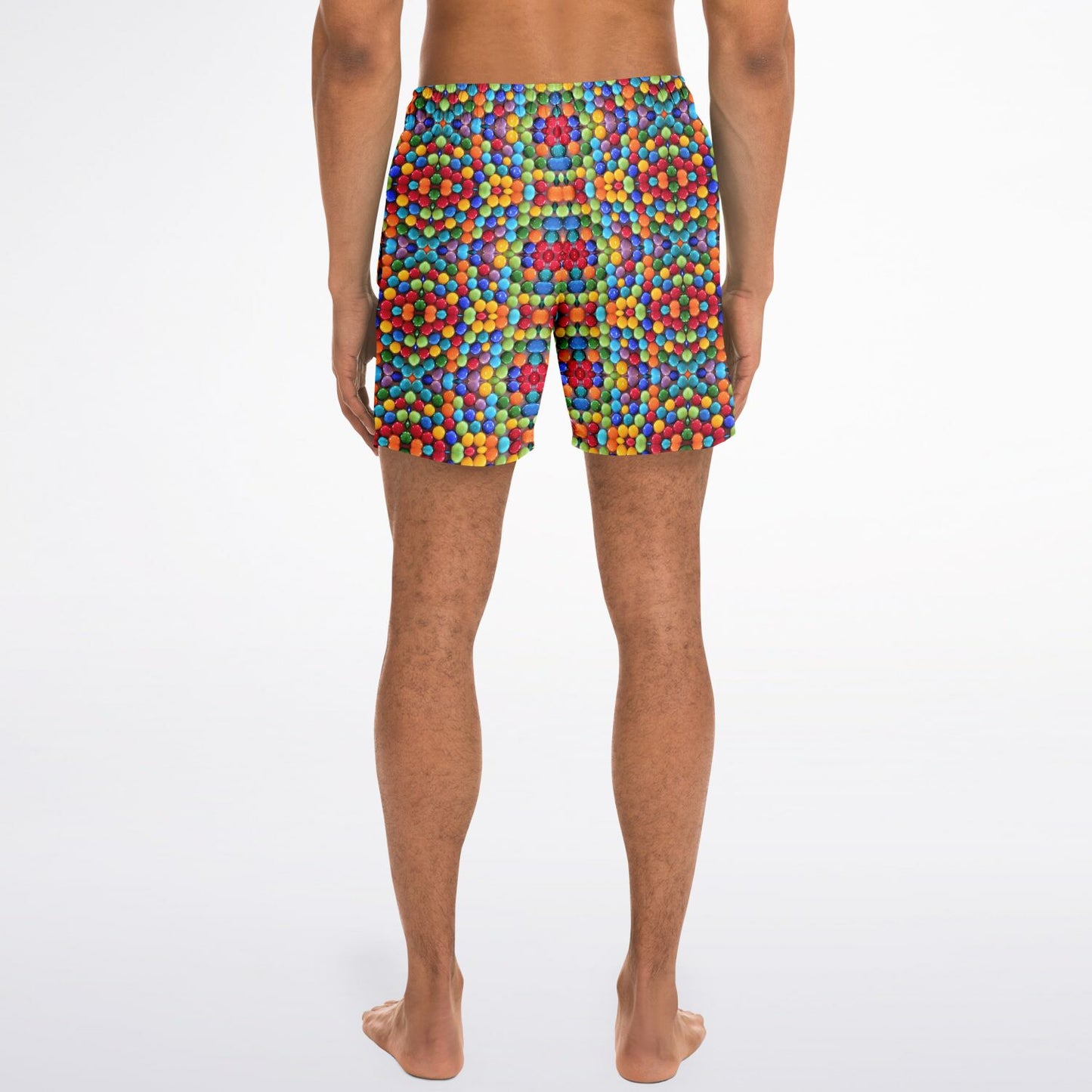 Back full view of Mens swim shorts with rainbow gumball designn