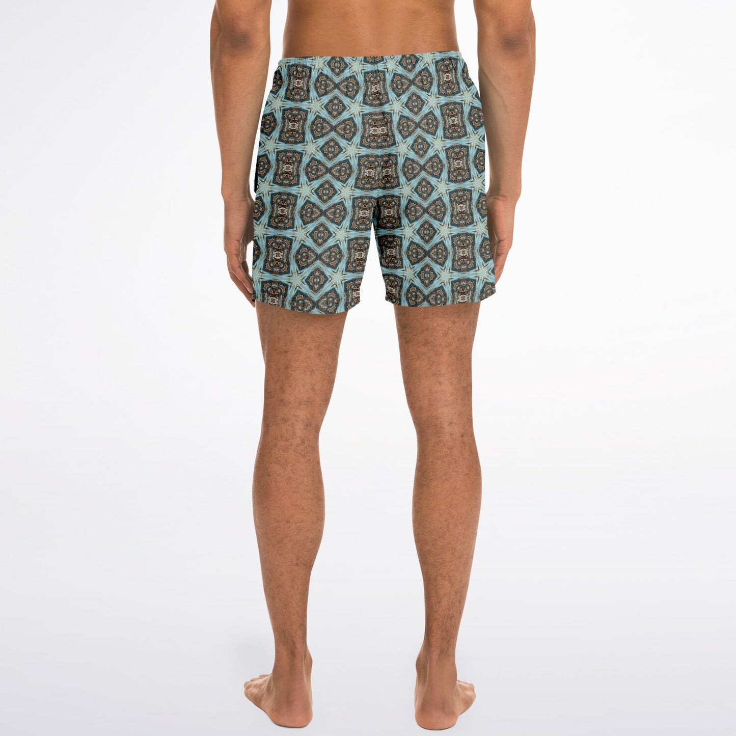 back view of mens swimsuit in blue with designer print called Boho Blues