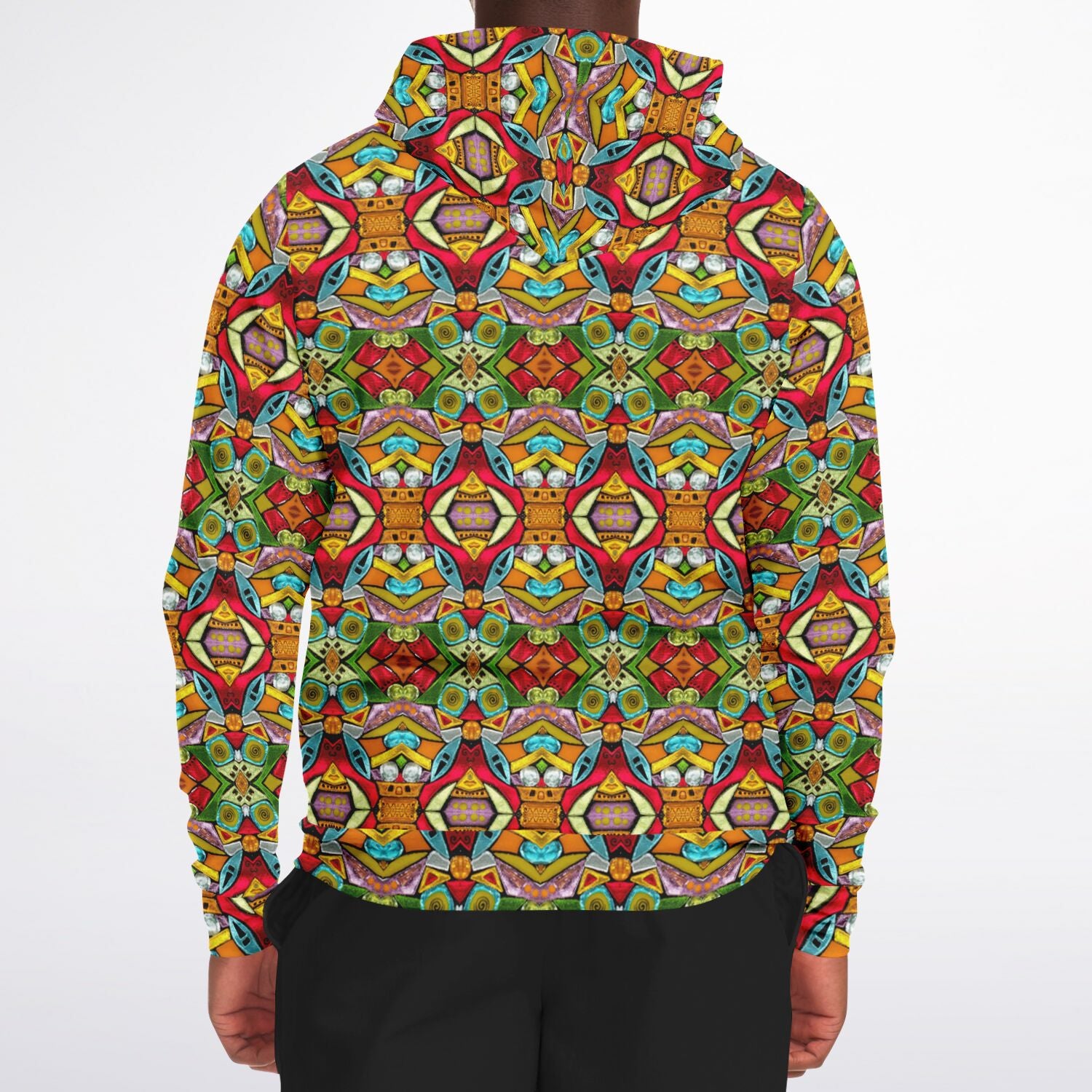back of multicolored hoodie shown on a man