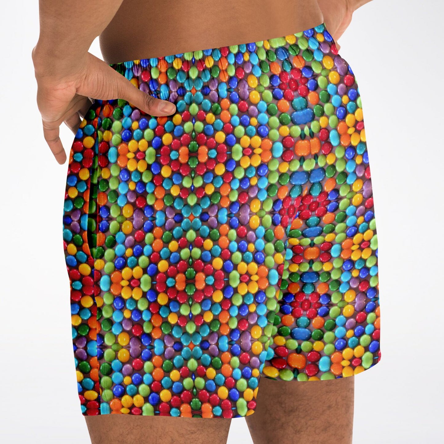 back view of mens swimsuit in rainbow gumballs print by  artist jeweliyana