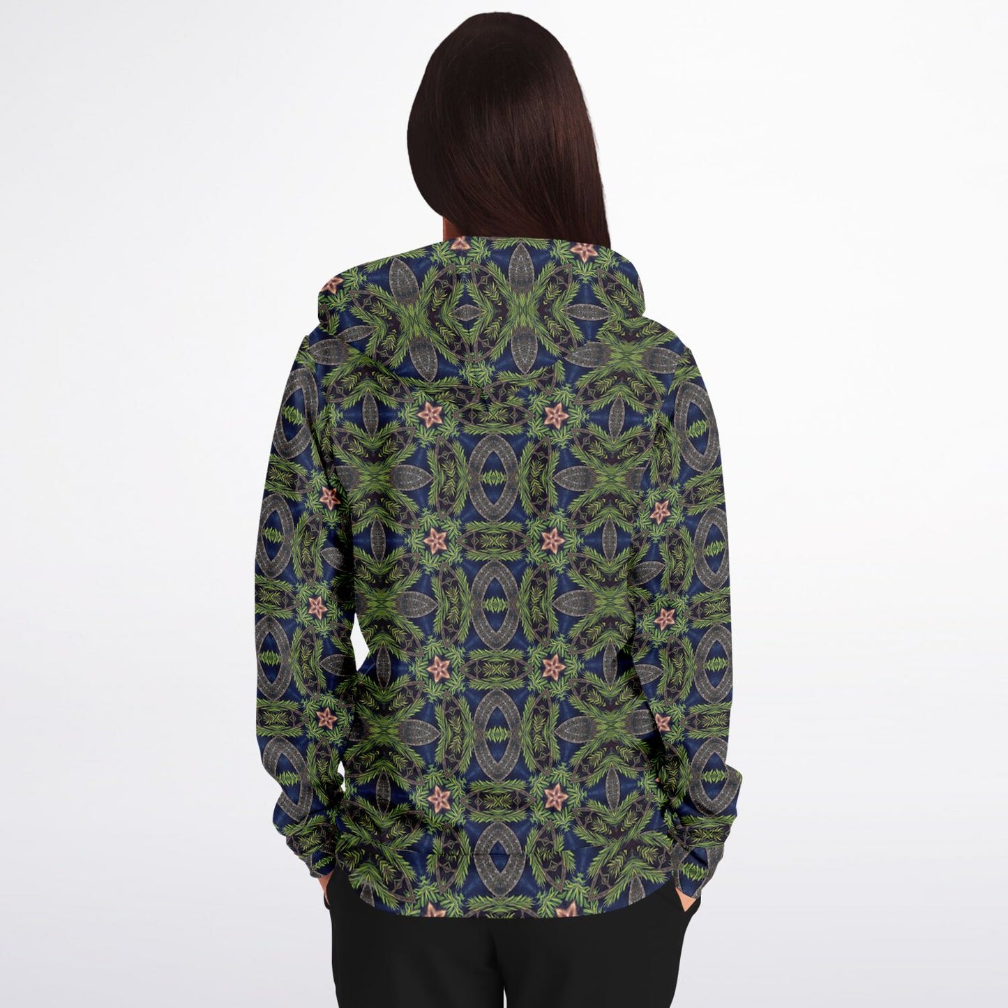 back of black fullzip unisex hoodie with forest print