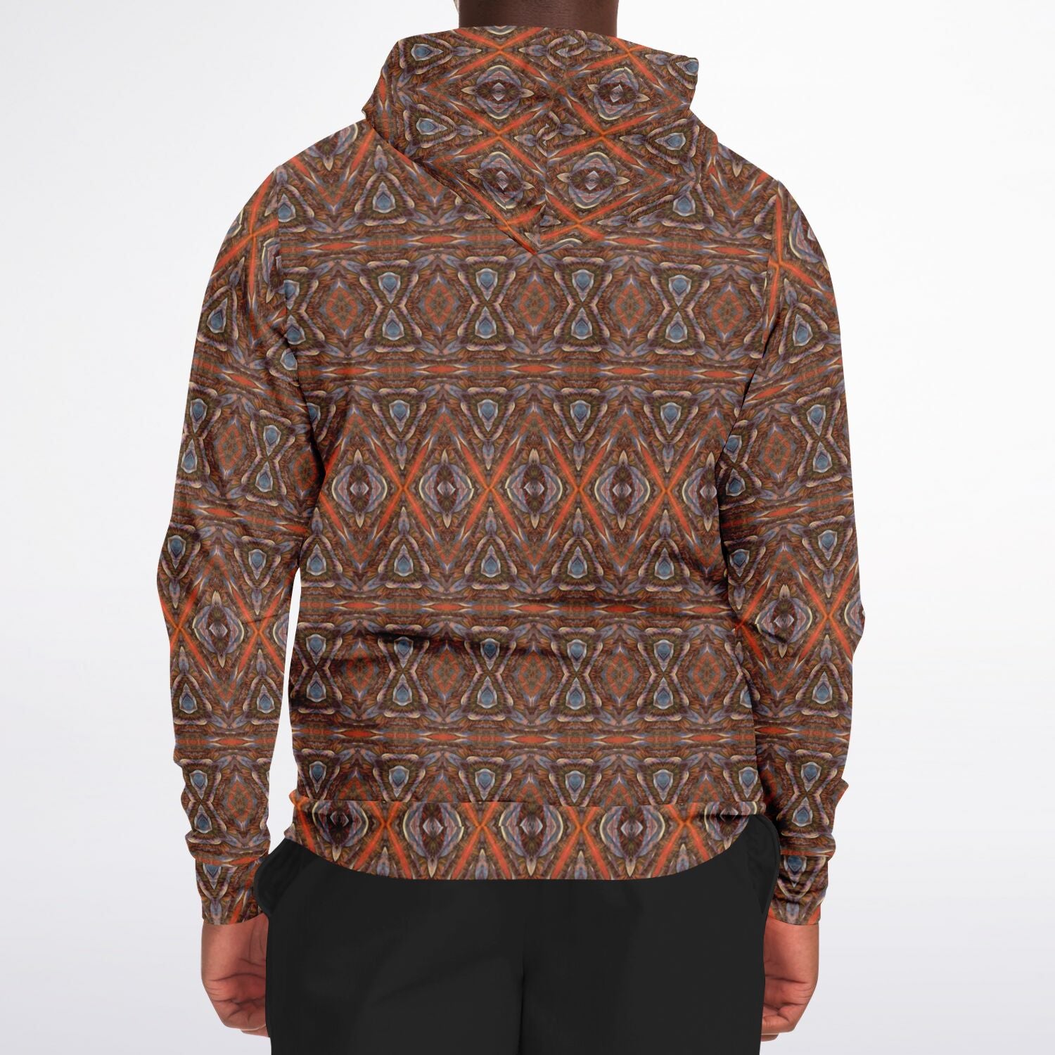 Back view of mens brown and orange designer hoodie