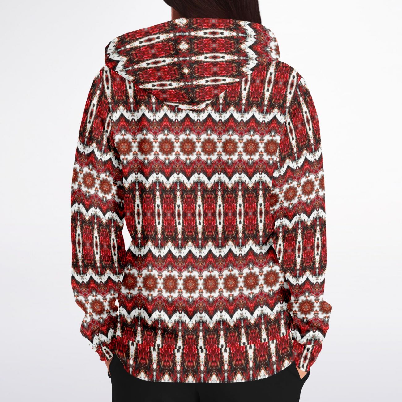 back view of the red and white hoodie