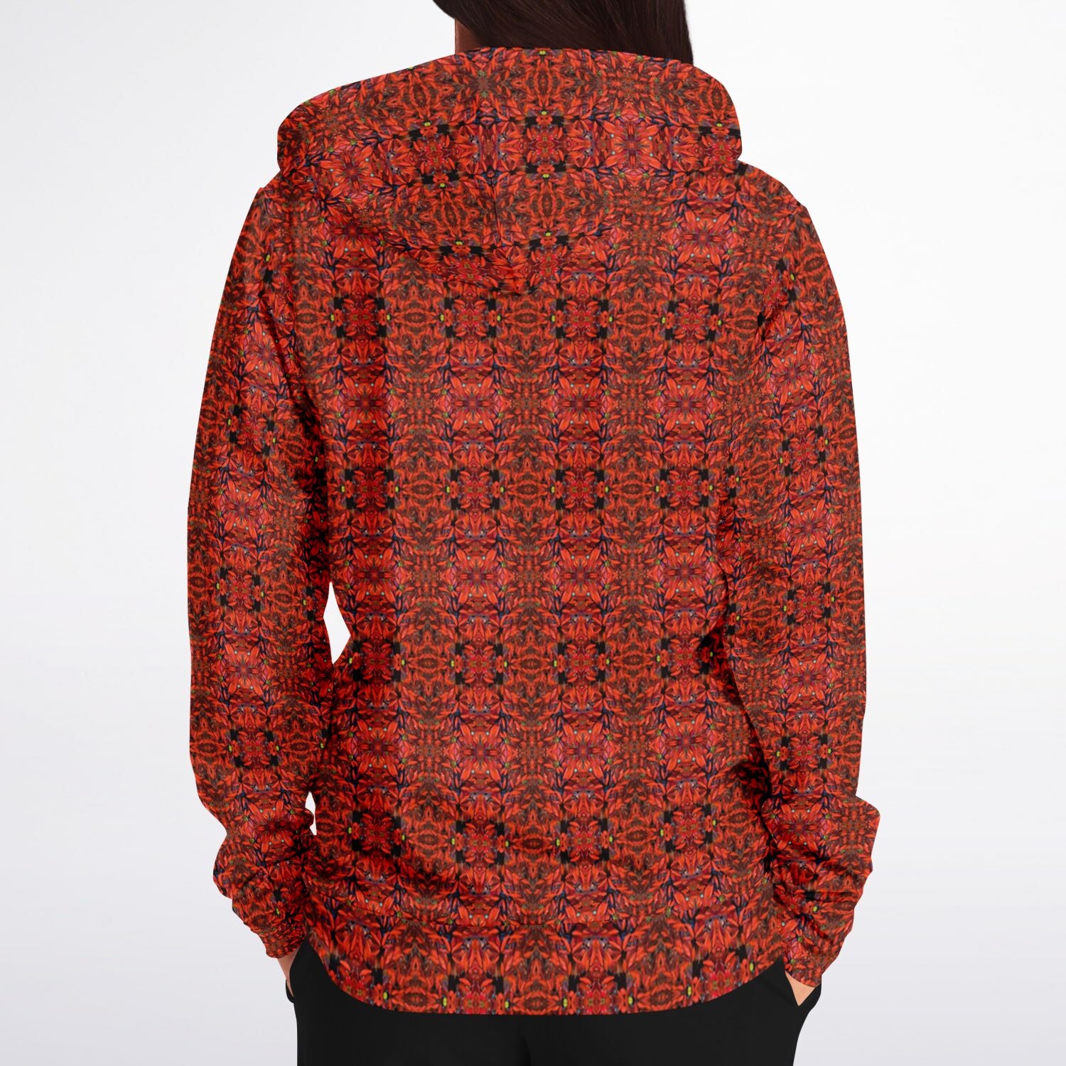 back view of fashionable womens red hoodie