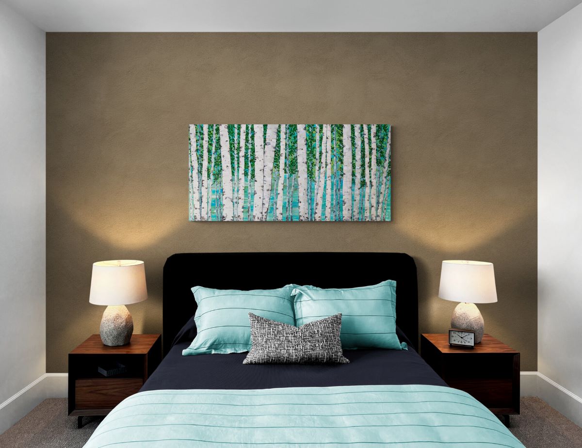 birch tree canvas art print shown on a bedroom decor setting