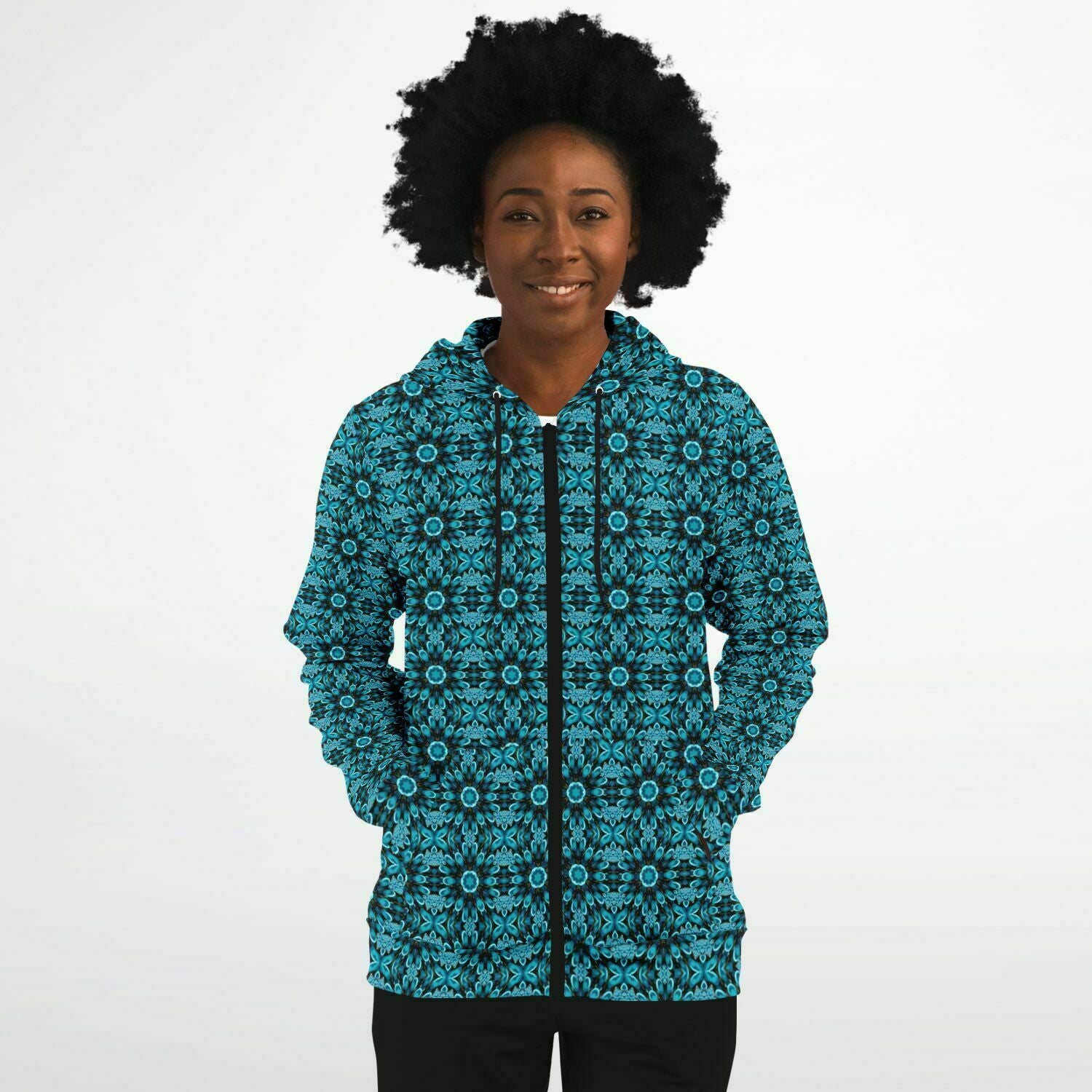 black hoodie for women with blue flower print 