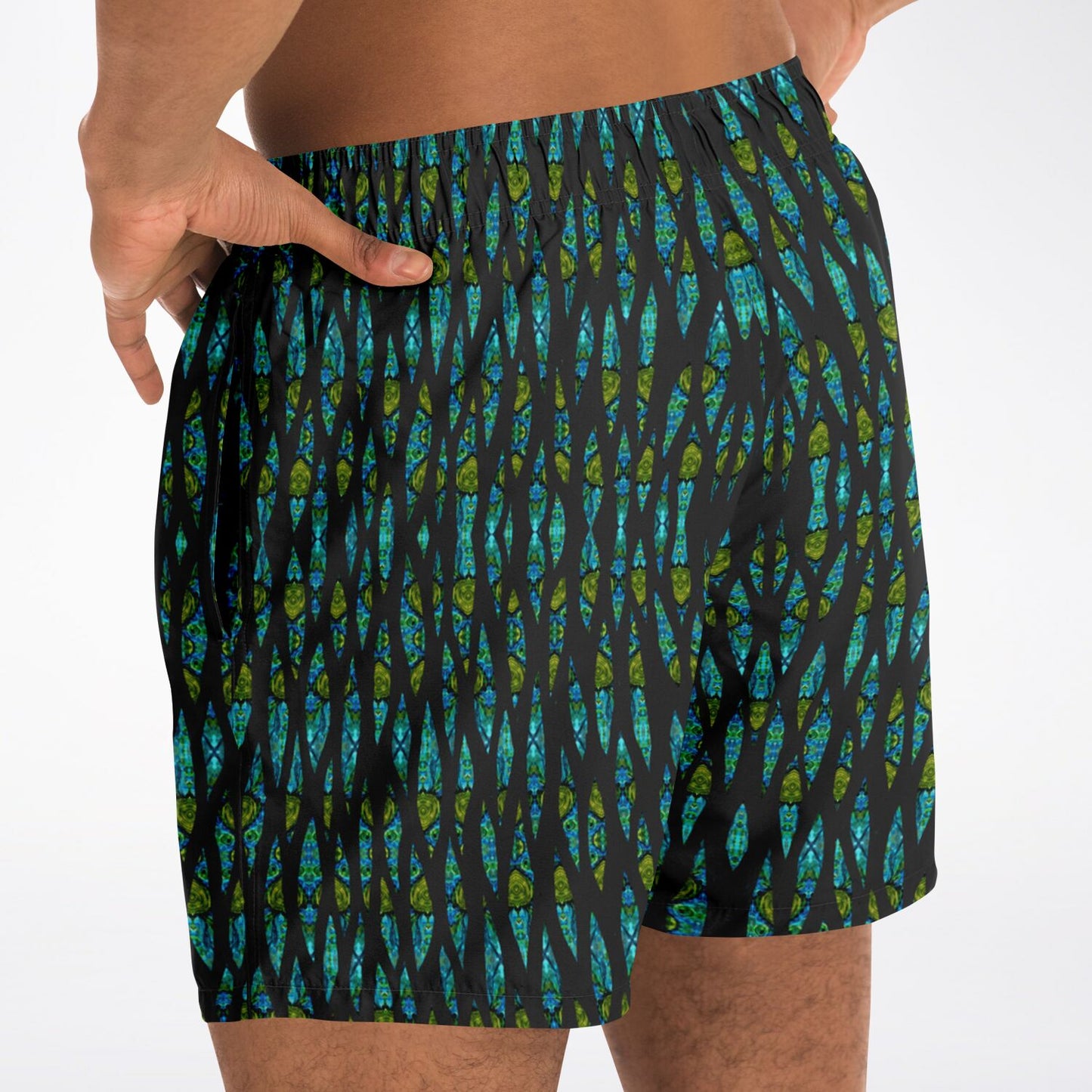 swimming trunks with black pattern design for men
