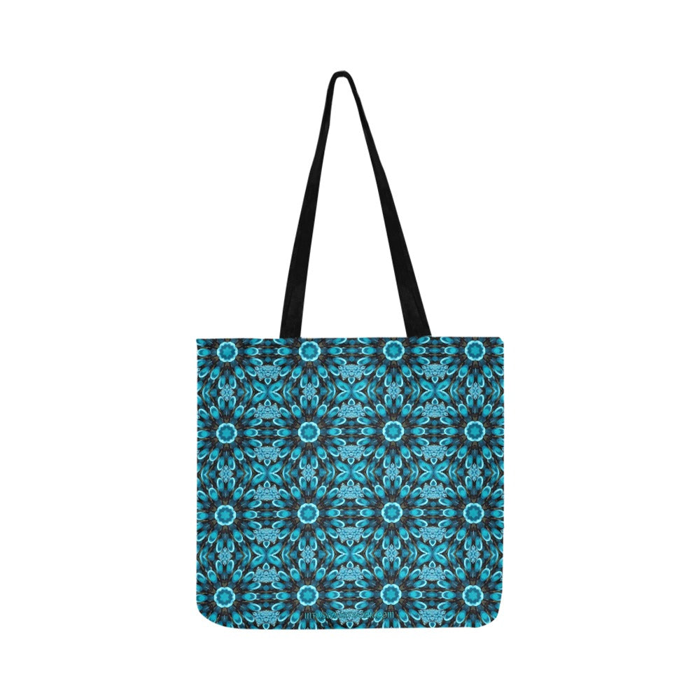 blakc totebag with glass fractal aqua blue flowers