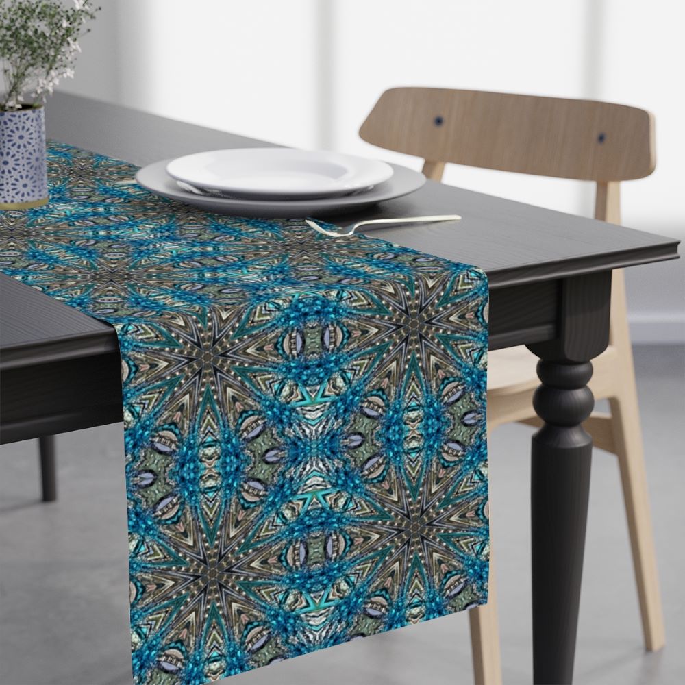 blue christmas table runner with silver snowflake fractals