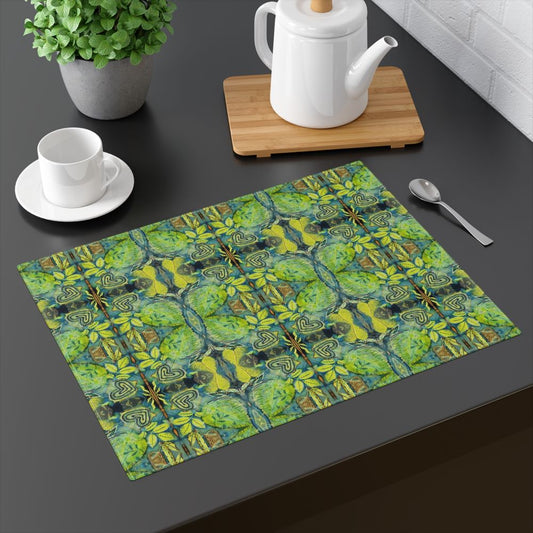 blue green place mat with design called Beauty Abounds