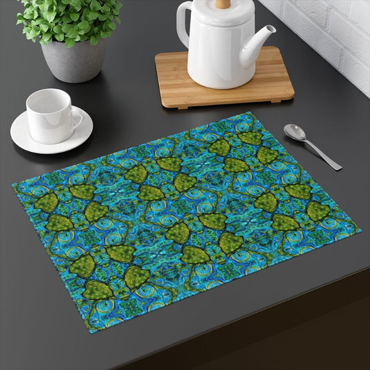 blue green placemat with hearts on it