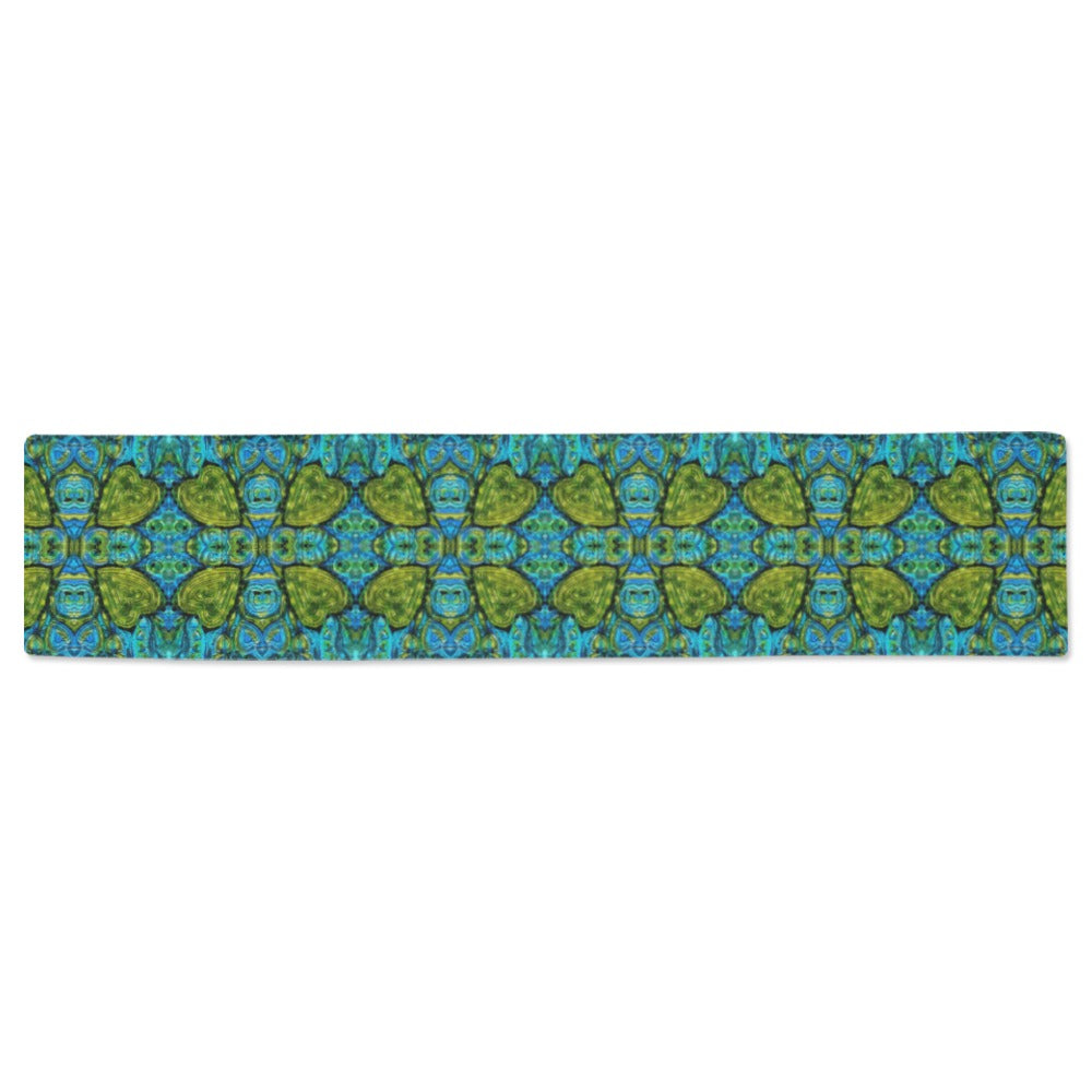 blue green table runner with a hearts design