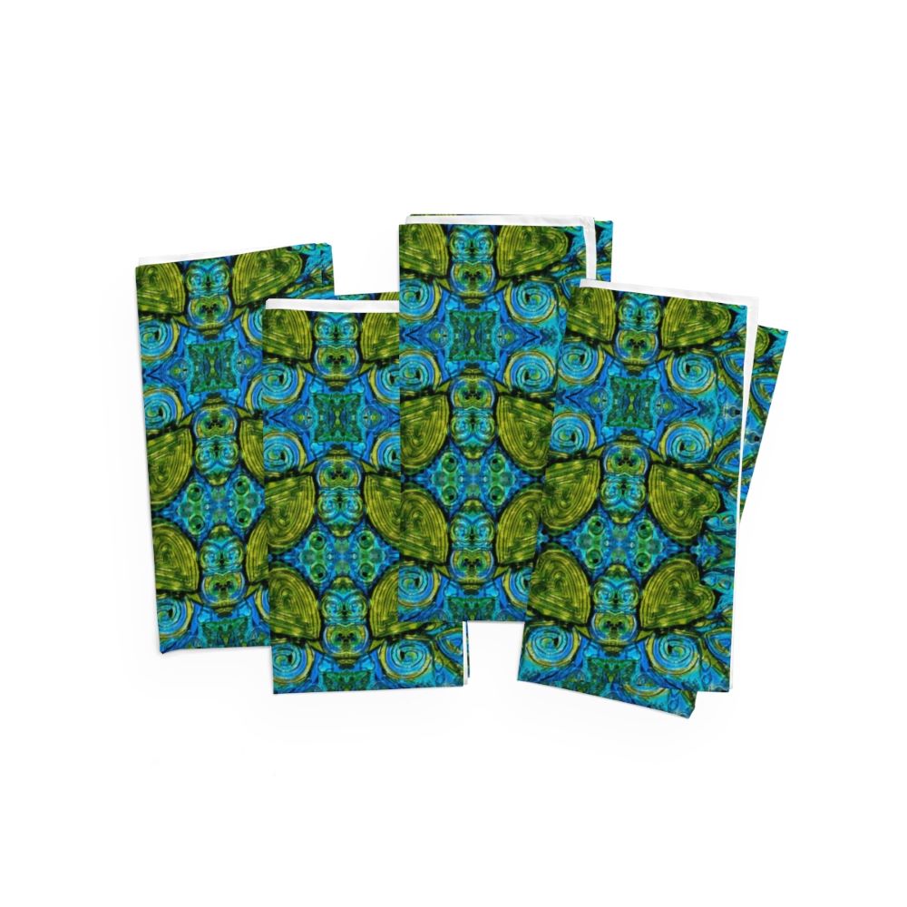 set of napkins in blue cloth with green hearts