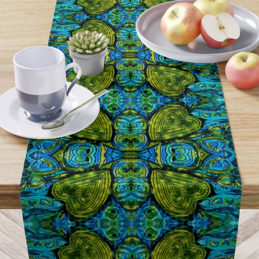 blue table runner with green heart art printed