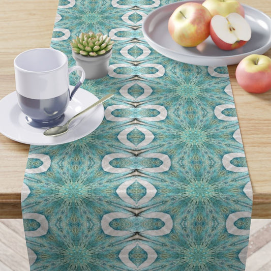 table runner with blue and white angelic print