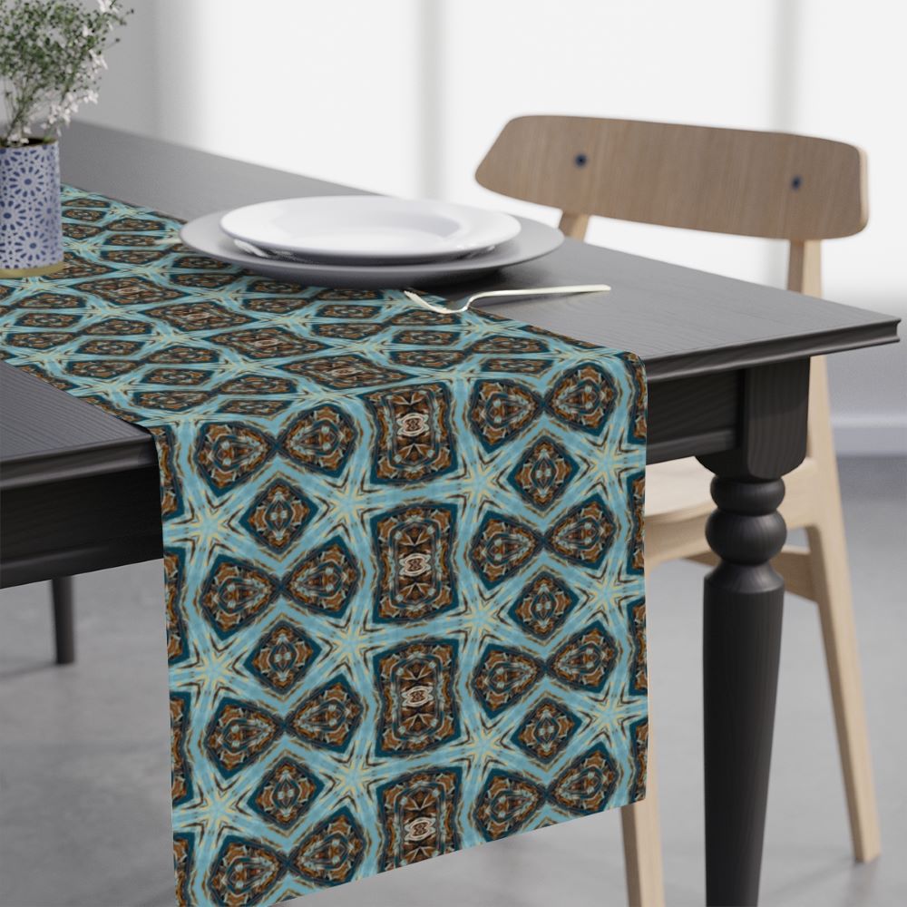boho chic table runner with blue and brown pattern