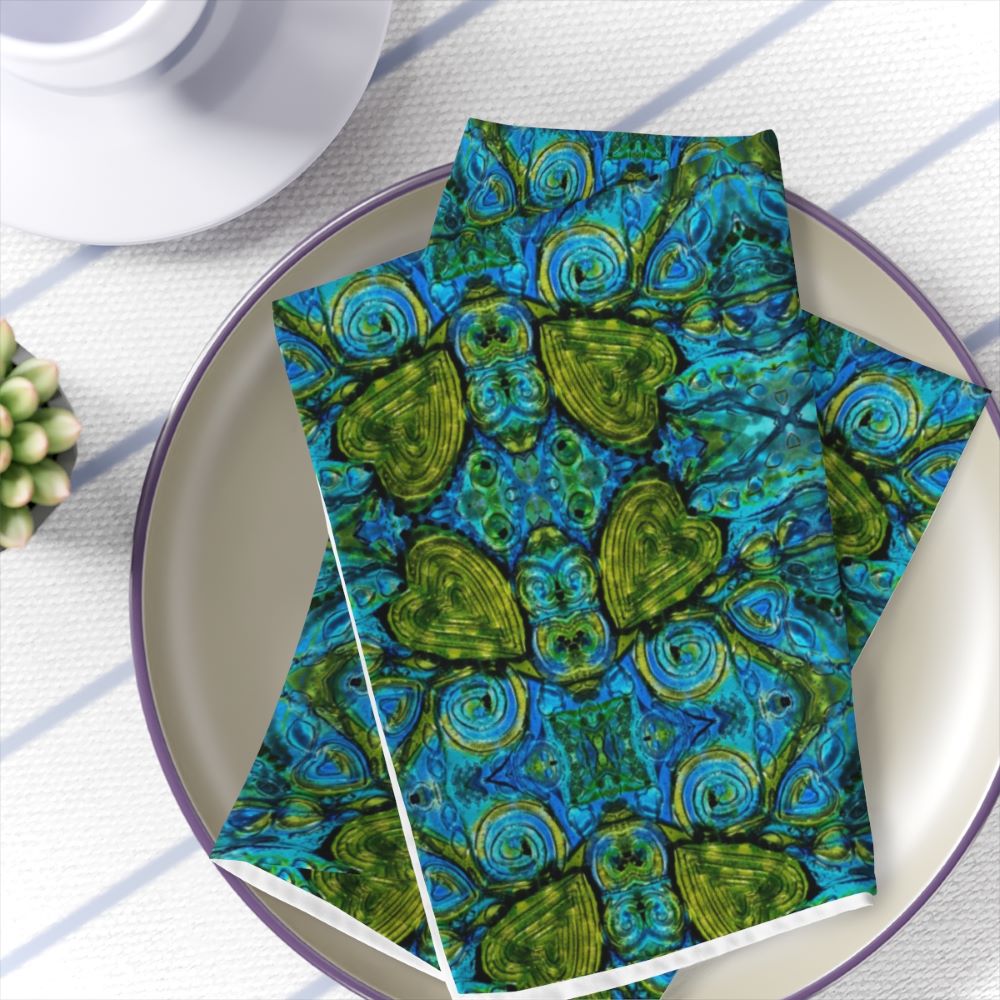 cloth napkins in blue and green with hearts