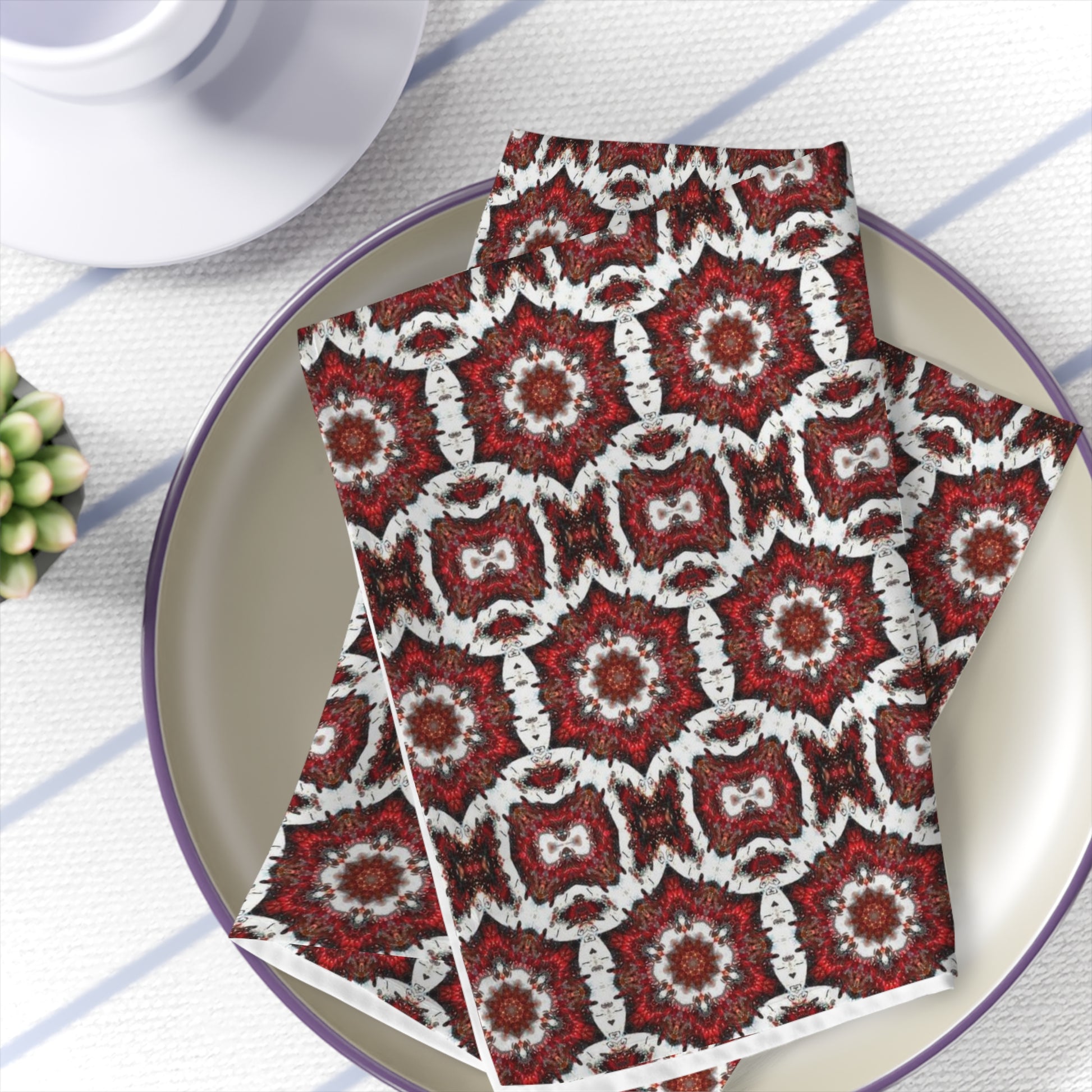 cloth napkins with red white festive pattern