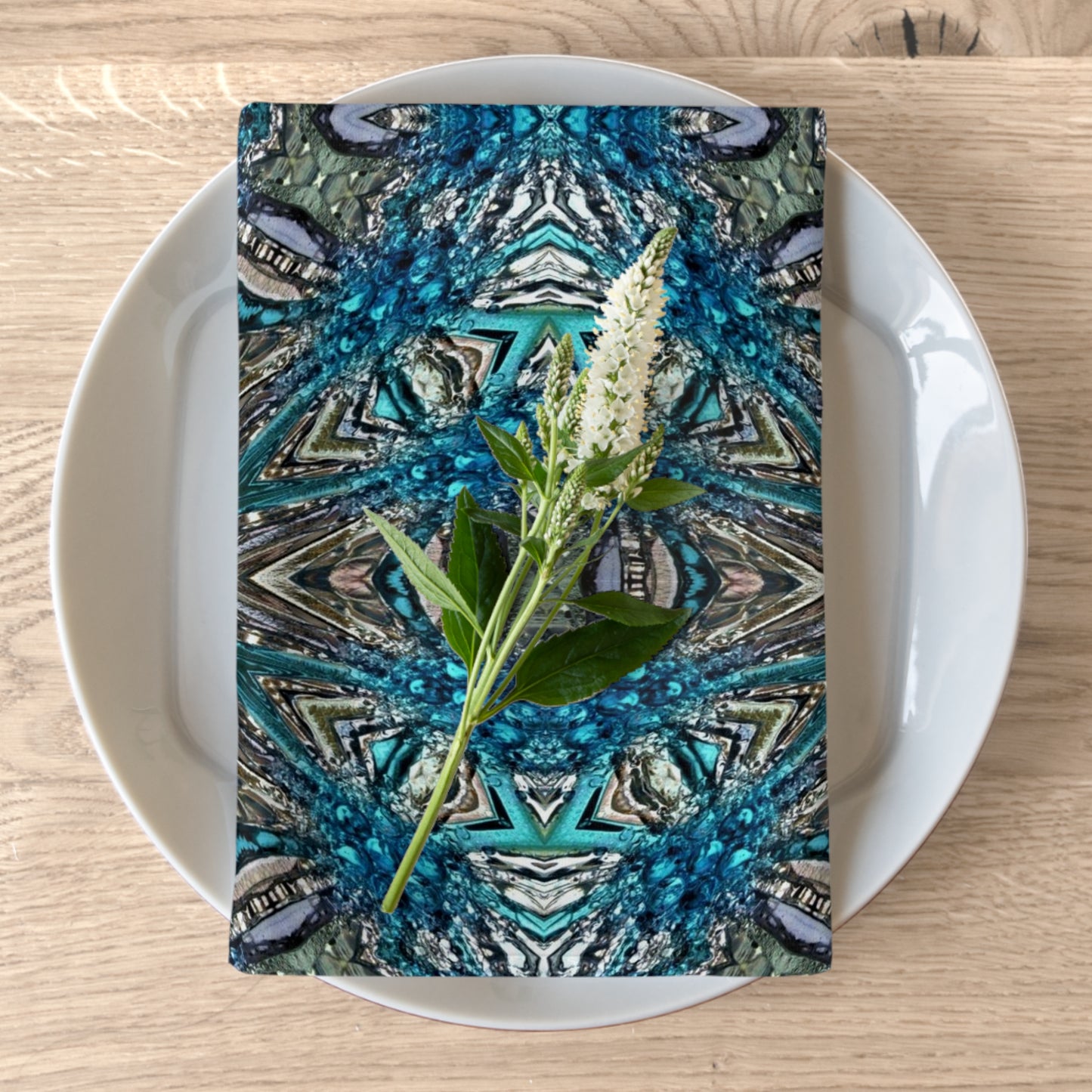 blue grey cloth napkins with snowflakes print