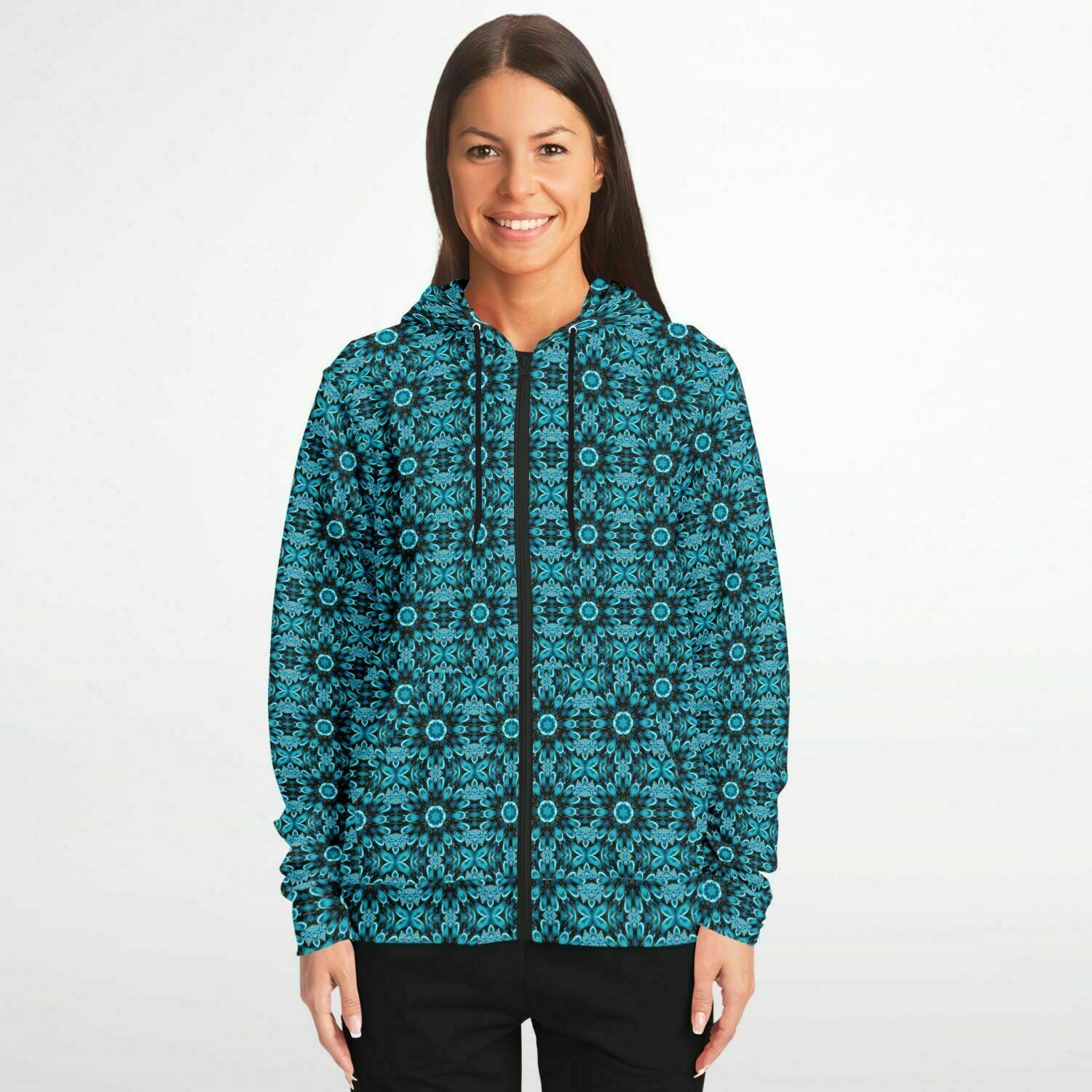 colorful hoodie with black and blue print