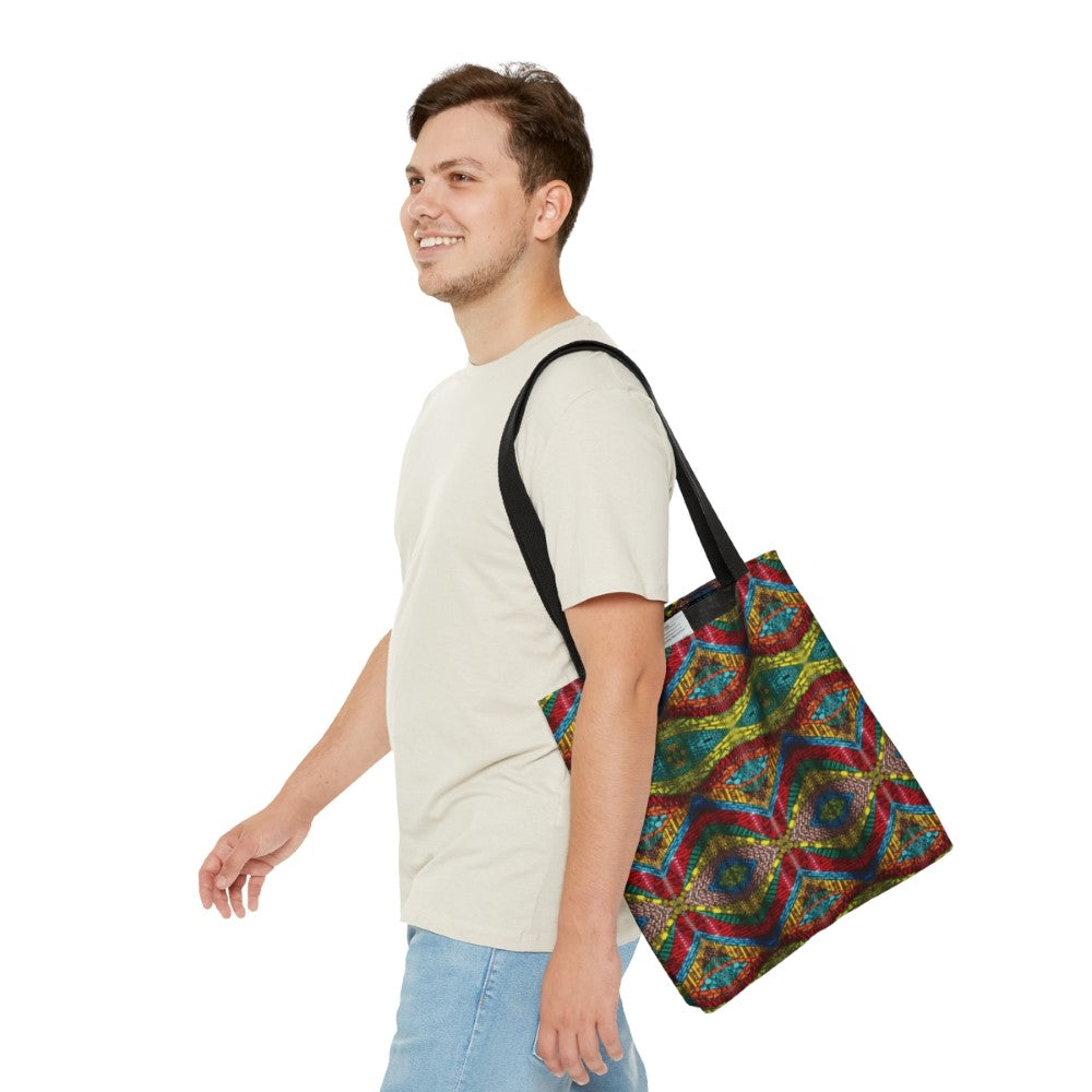 colorful style jeweltone tote bag shown on a man