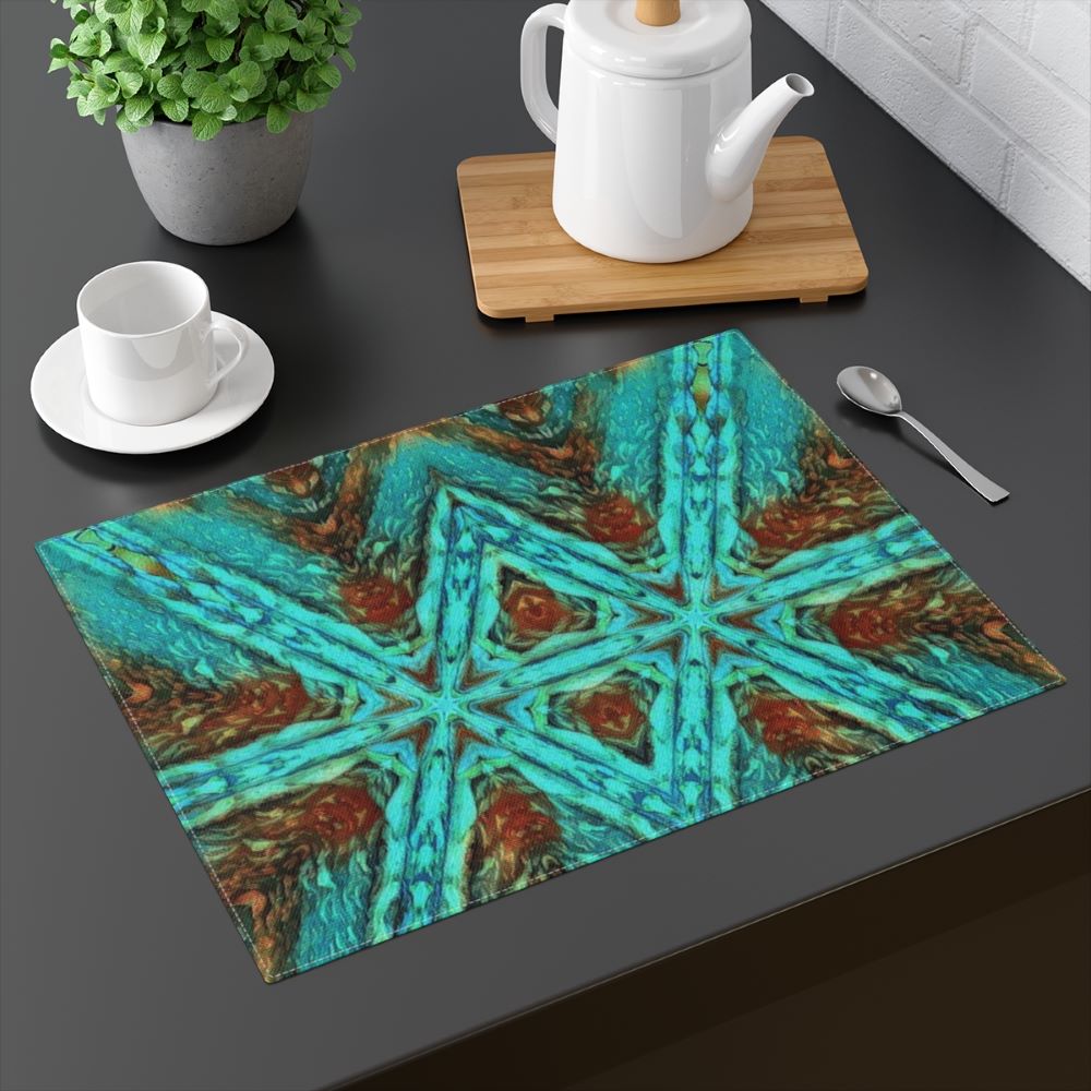 Place mats in teal blue with aqua and amber brown design called cool for the summer 