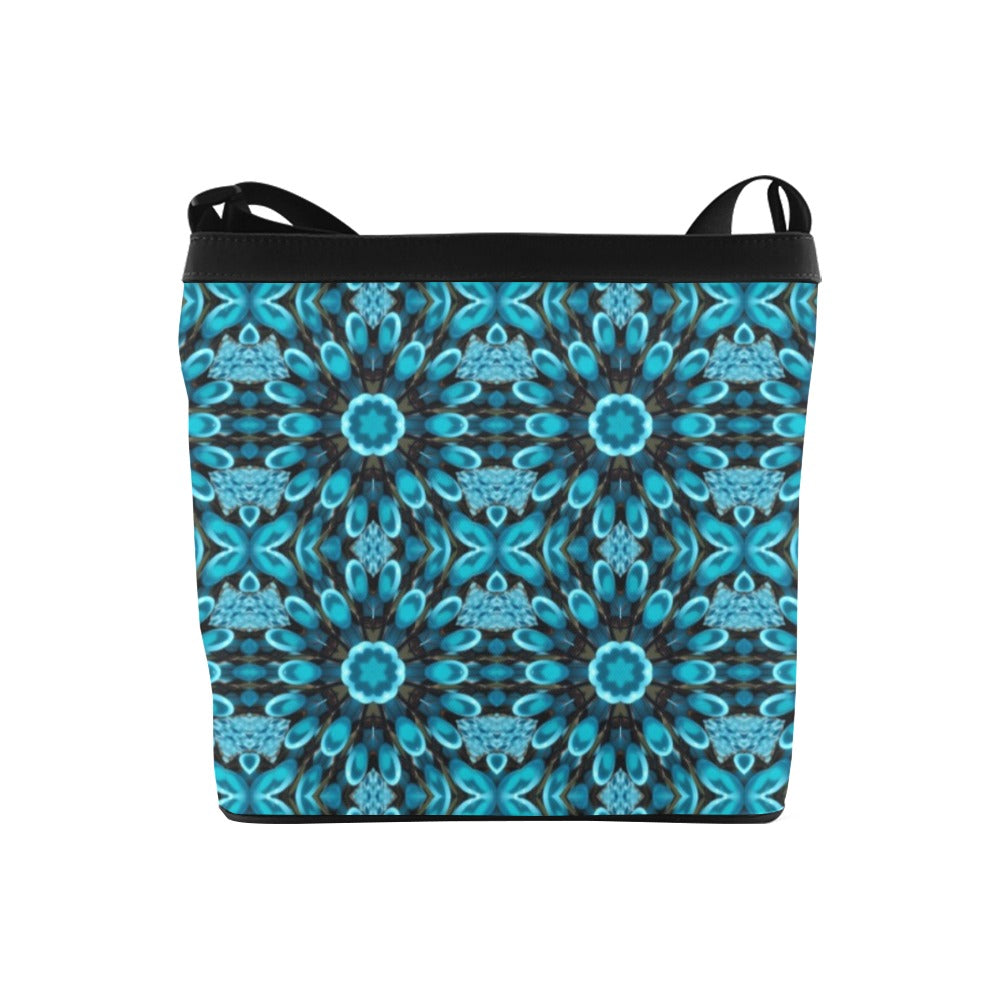 crossbody bag for women in black with aqua blue print on front