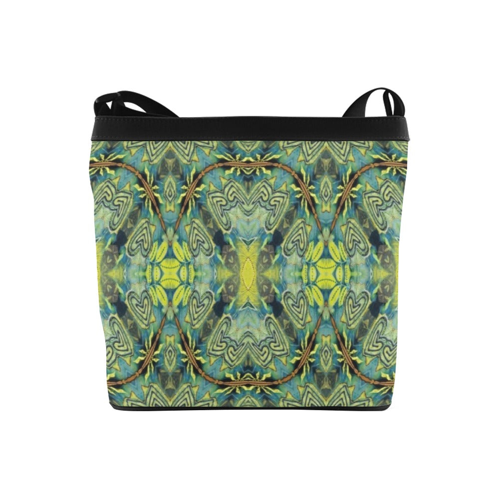 crossbody bag for women shown with greenblue print on black