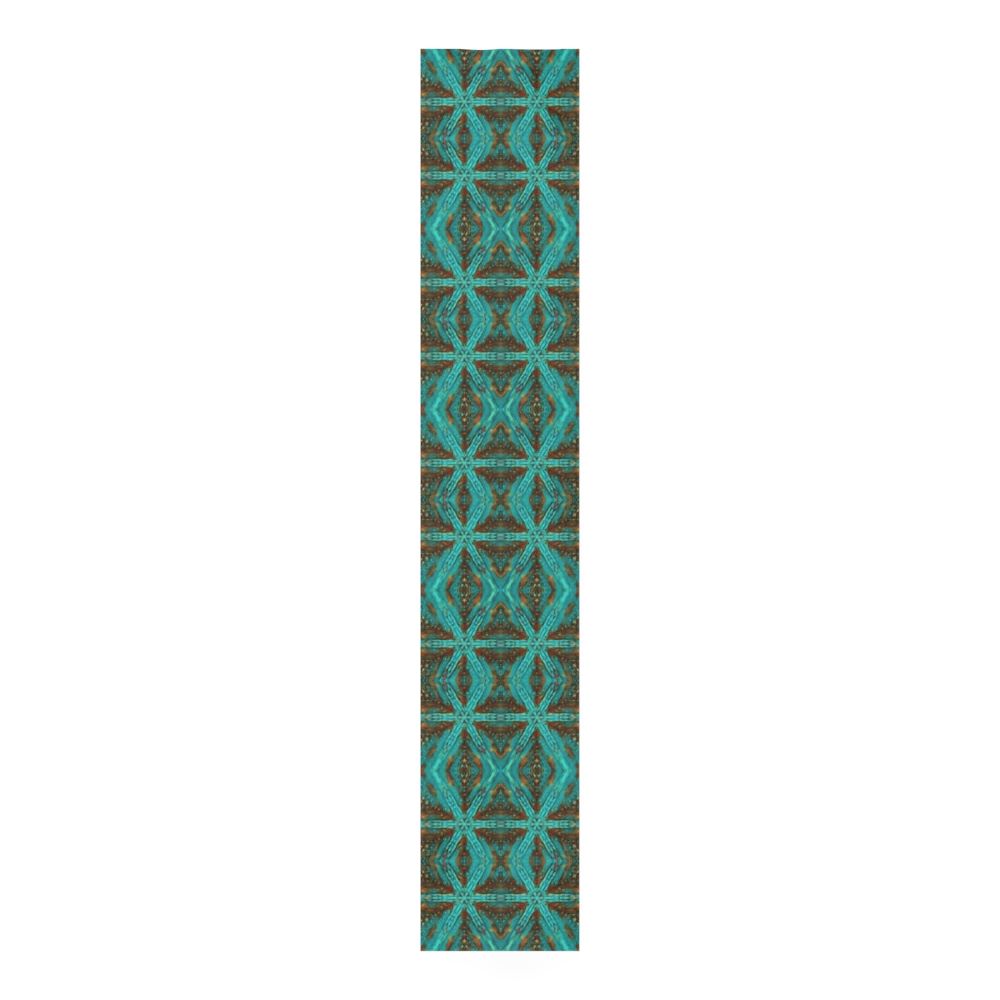 Dining table runner in blue aqua amber brown modern western print pattern