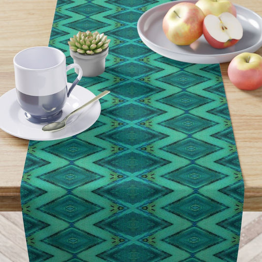 dining table runner with a blue diamond pattern