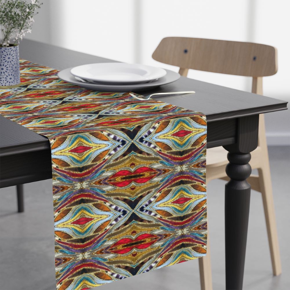dining table runner with amber print called one tribe 