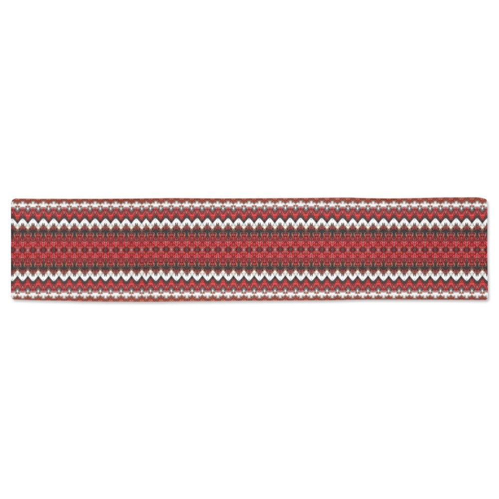 full view of modern red and white table runner for chrismtas