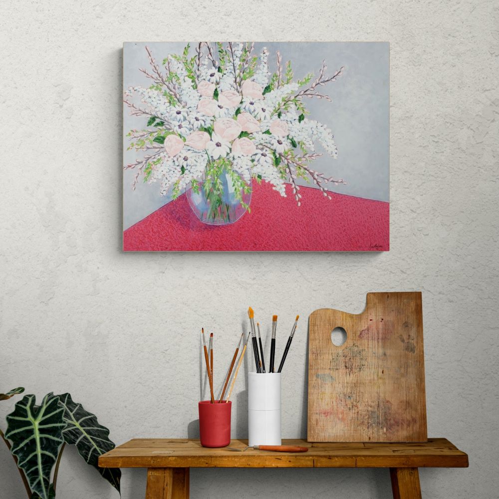 floral bouquet of white and pink flowers painted