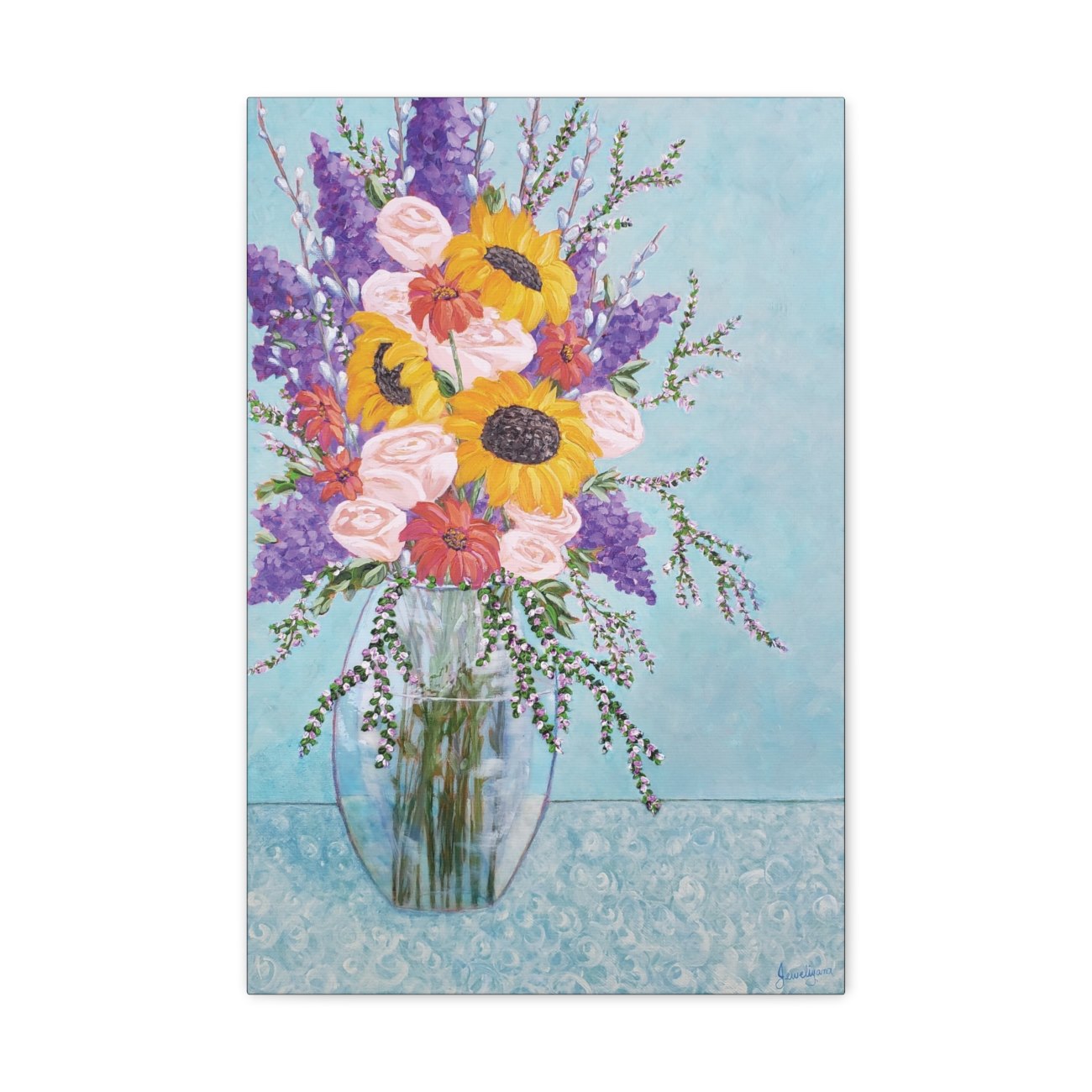 painting of a bouquet of flowers on a blue background