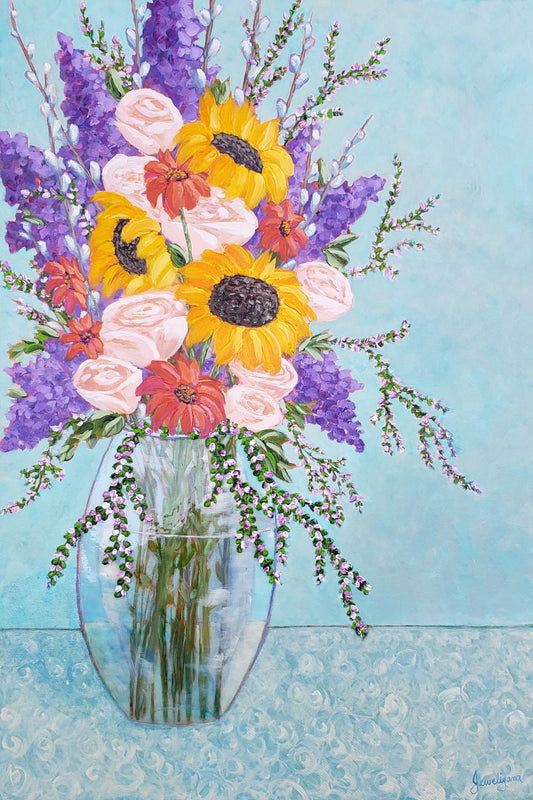 painting of sunflowers roses and lilacs in glass vase