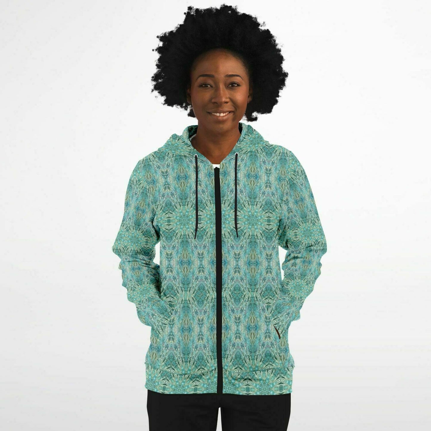 front of womens aqua  blue hoodie with full zip