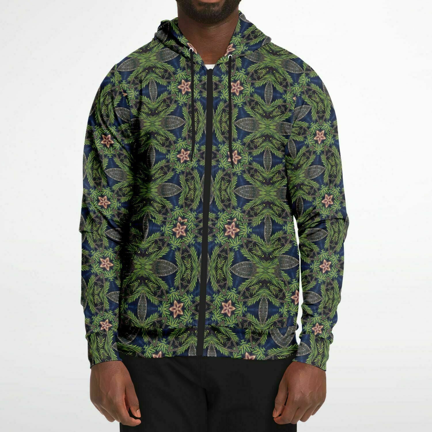 front view of mens black hoodie with a forest print