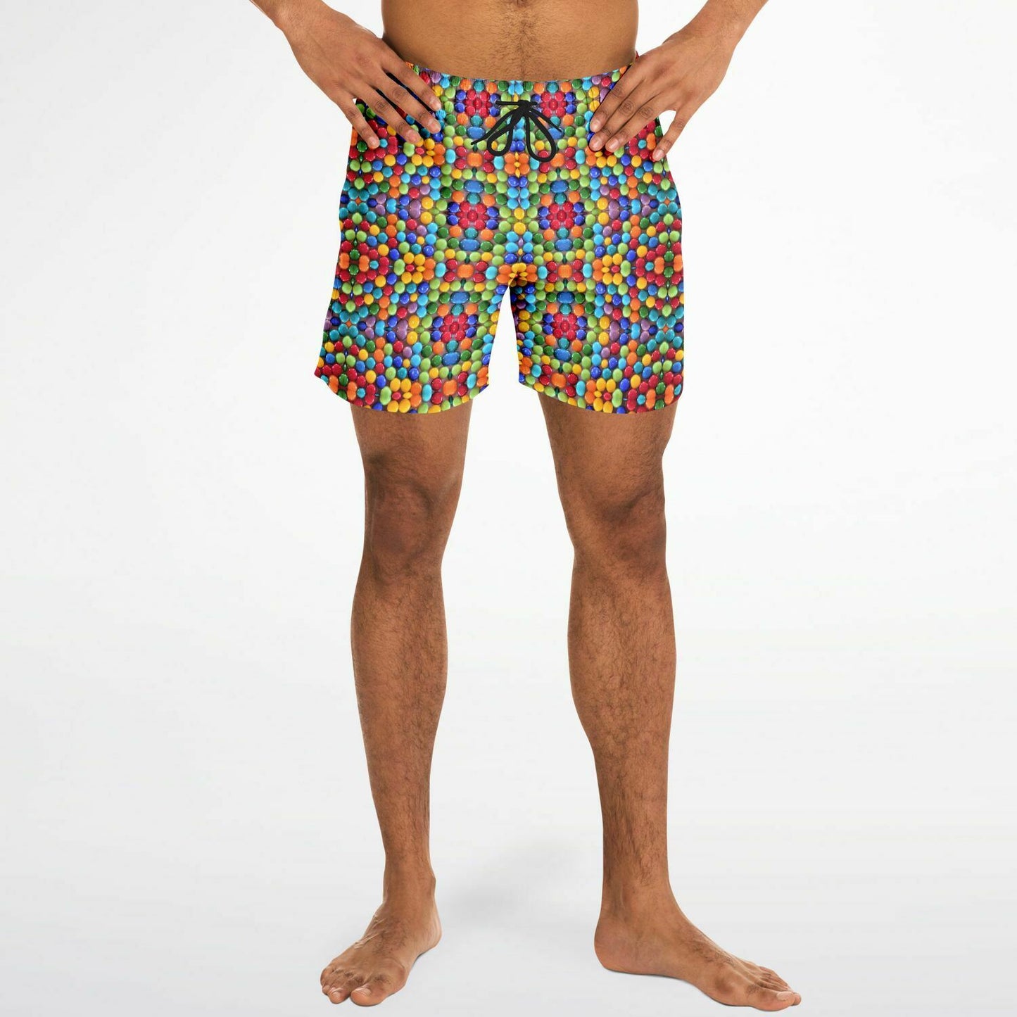 Front full view mens swim trunks with colorful rainbow gumball pattern