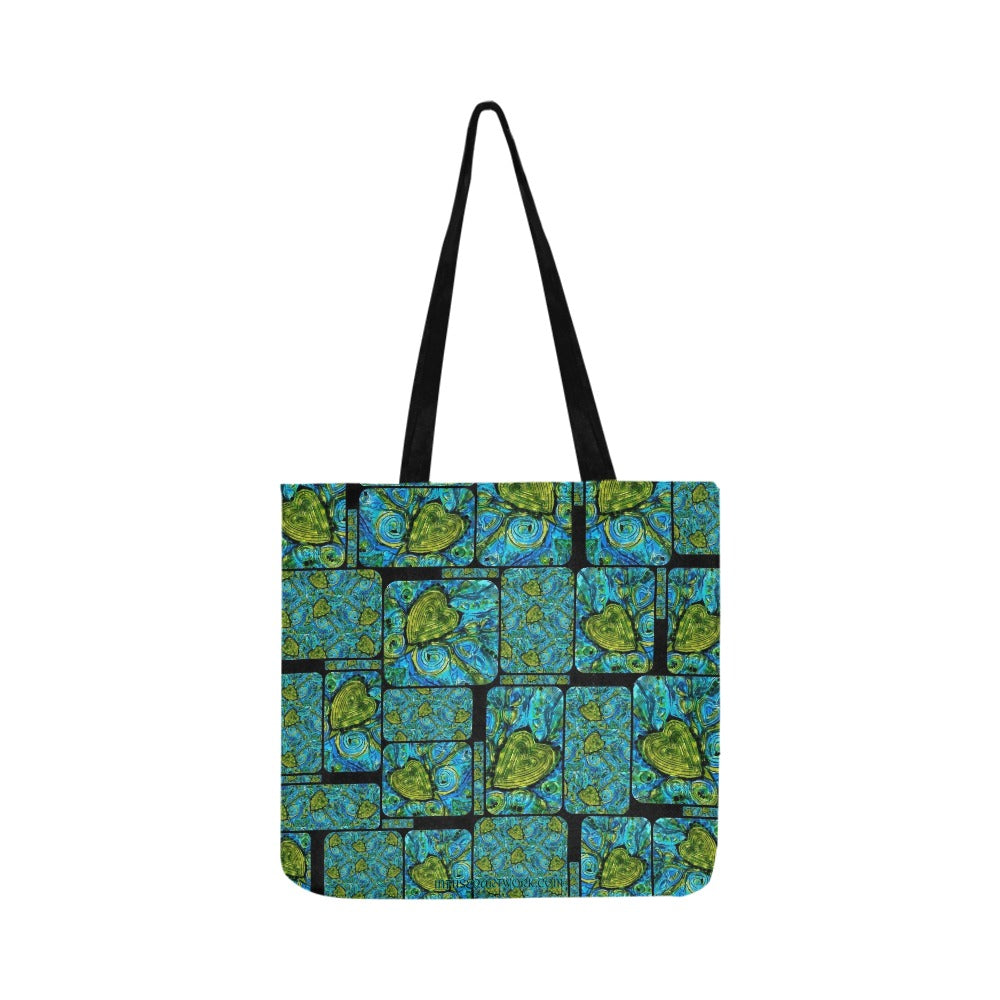 blue and black tote bag with green hearts