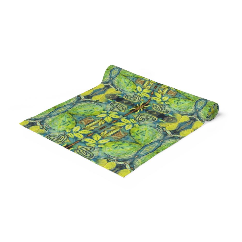 home decot table runner with blue green batik like pattern